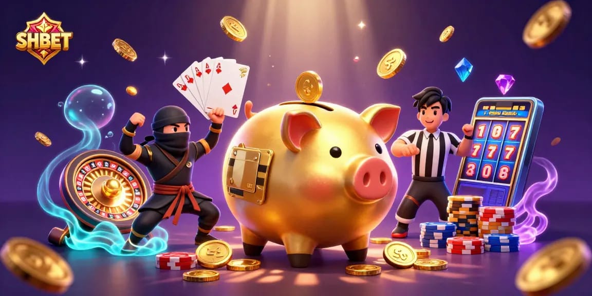 Engage with SHBET's vibrant casino scene featuring a golden piggy bank, colorful chips, and dynamic game elements.