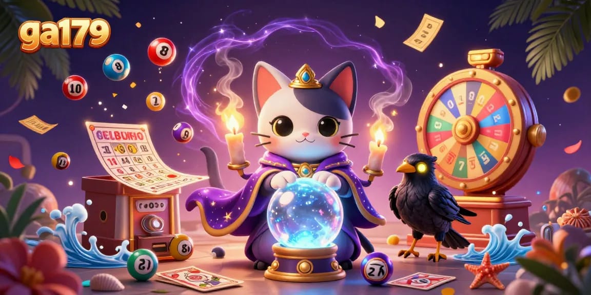 Experience thrilling action at ga179 with dynamic lottery balls, a mystic cat, and vibrant casino elements.
