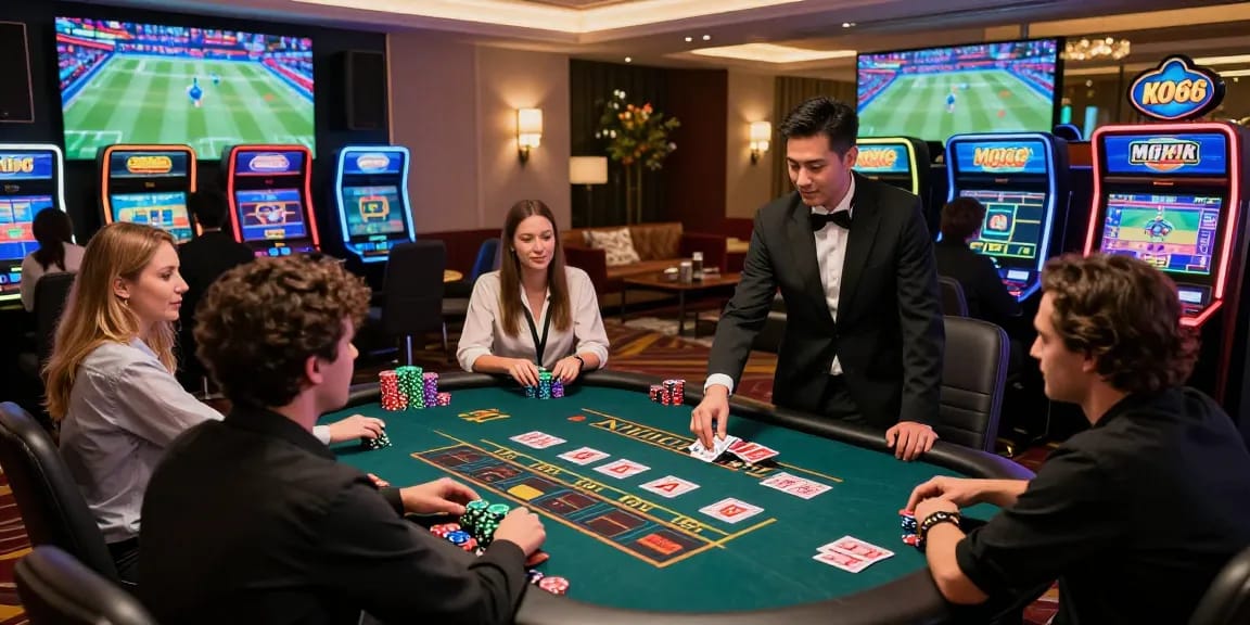 KO66 vibrant online casino experience with players enjoying diverse gaming options and an engaging atmosphere.