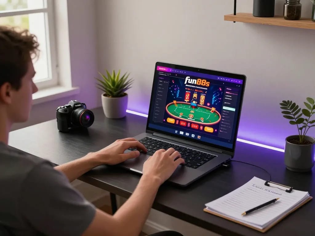 Engaging in online fun88s poker gameplay on a laptop at a stylish home office