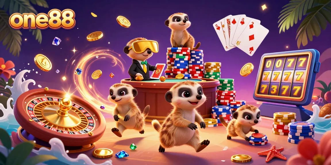 one88 meerkats run a lively casino, showcasing colorful games and golden coins in a vibrant scene