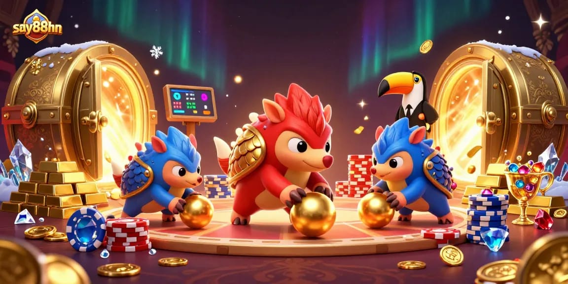 Engage in thrilling gambling with say88hn as pangolins bowl golden balls through poker chips while treasures burst around.