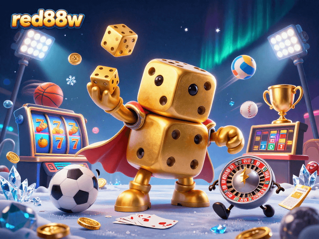 Experience thrilling gaming at red88w with a vibrant dynamic 3D casino scene featuring golden dice and exciting slots.