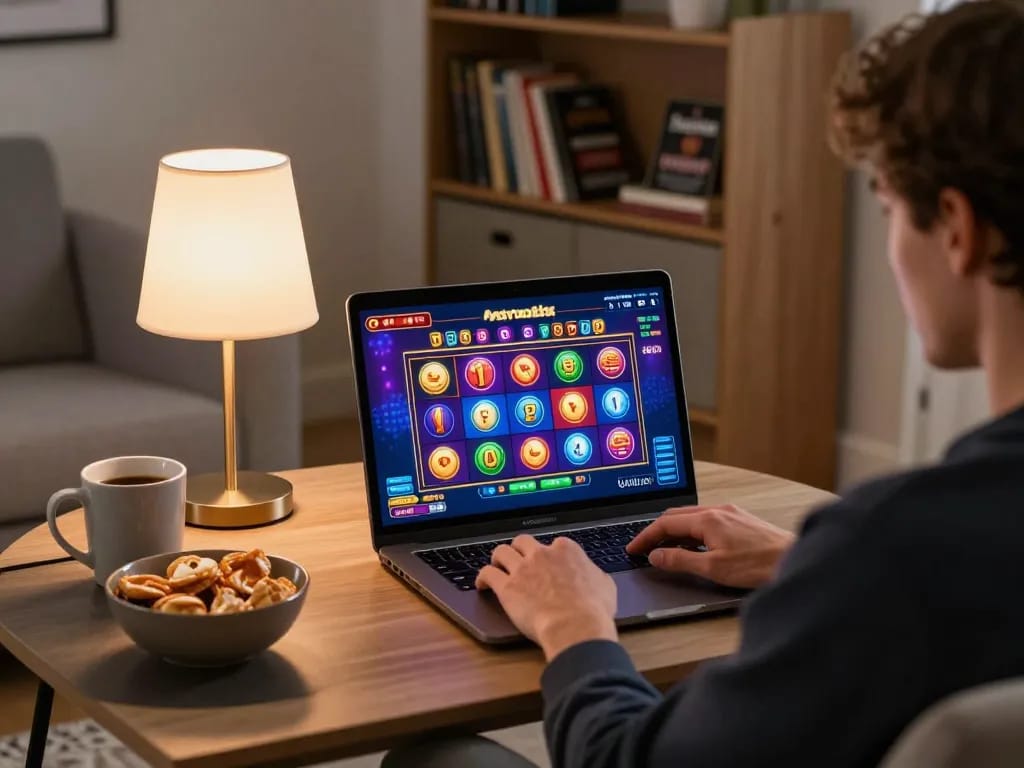 Engaging with PayID pokies Australia on a laptop in a cozy home setting, reflecting responsible gaming.