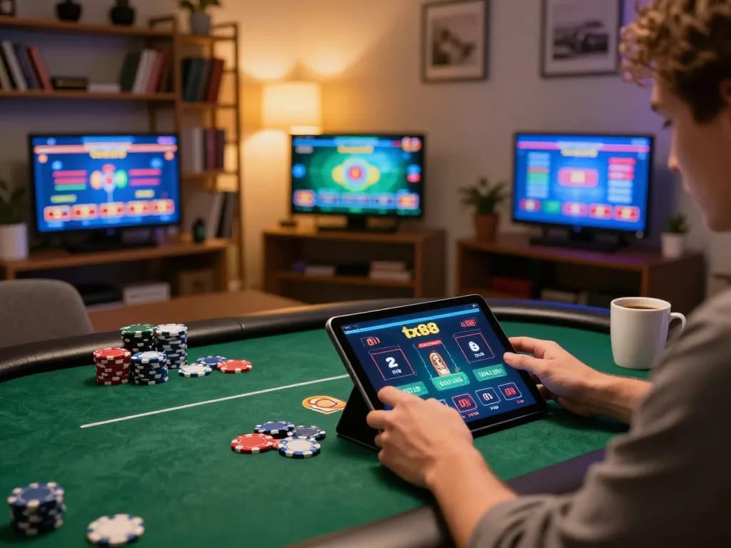 Player engaging with tx88 poker app on tablet at home, showcasing strategic gameplay.