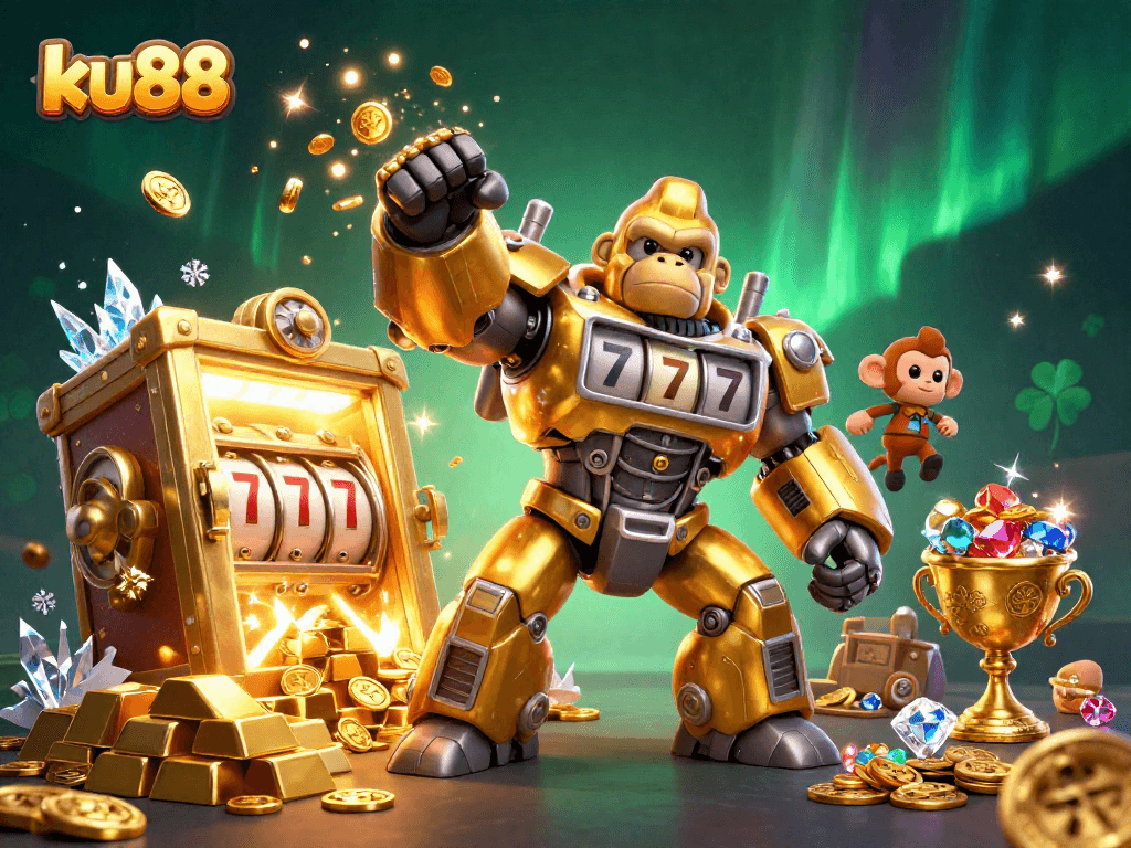 Experience ku88's vibrant gaming world with a dynamic gorilla mech, treasure, and gems.