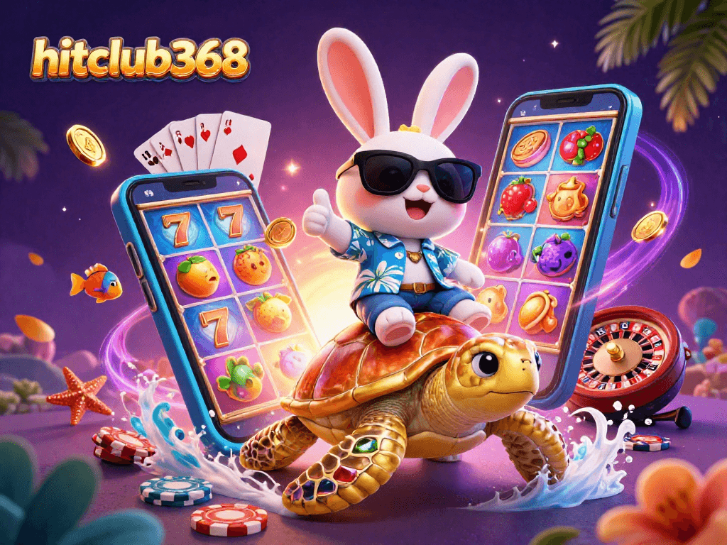 Play exciting games at hitclub368 with a vibrant scene of a lucky rabbit and golden sea turtle.