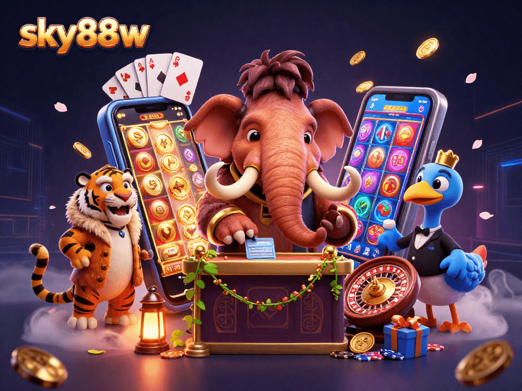 Experience exciting gambling adventures at sky88w with a vibrant casino scene featuring unique characters and games.