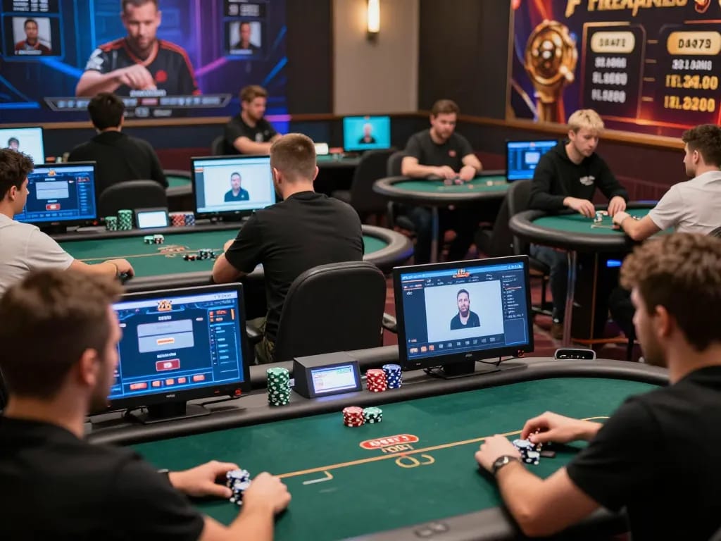 LAPAK303 online poker players engaged in streaming games on their devices, showcasing excitement and strategy.