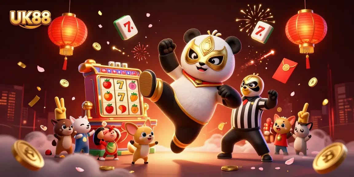 UK88 showcases a panda wrestler in action, surrounded by dynamic slot game elements and vibrant crowd energy.