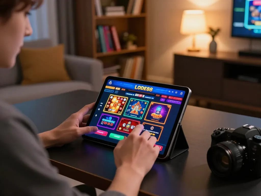 Engaging with LODE88 online casino through a stylish home gaming setup showing excitement and strategy.
