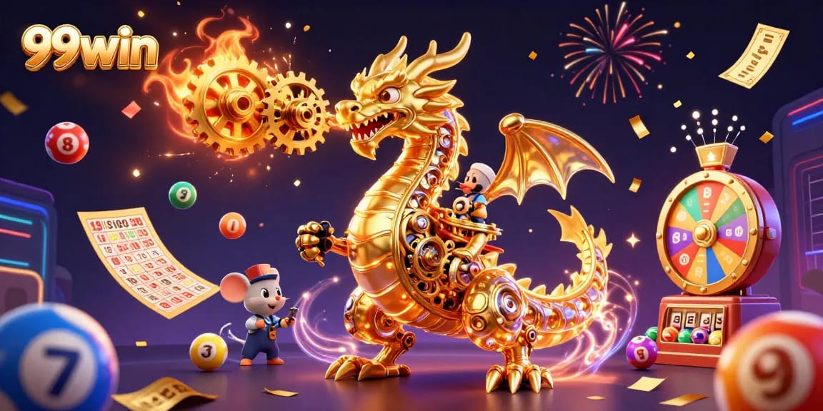 Engage with 99win's vibrant gambling scene featuring a mechanical dragon amidst lively lottery activities.