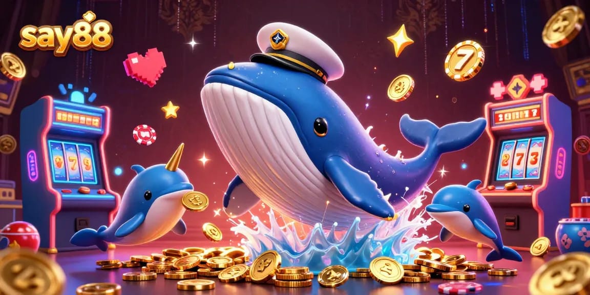 Engage with say88 in an exciting casino scene featuring a playful cartoon whale and vibrant game elements.
