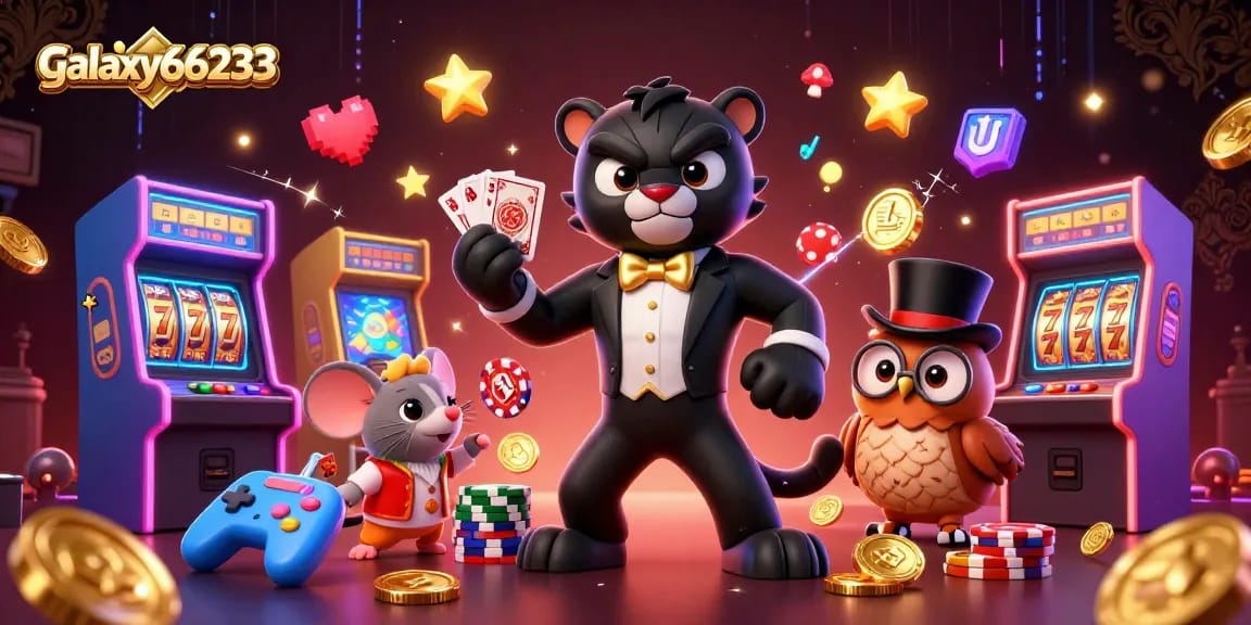 Experience thrilling gaming with galaxy66233 as a stylish panther deals cards amid colorful slots and lively characters.