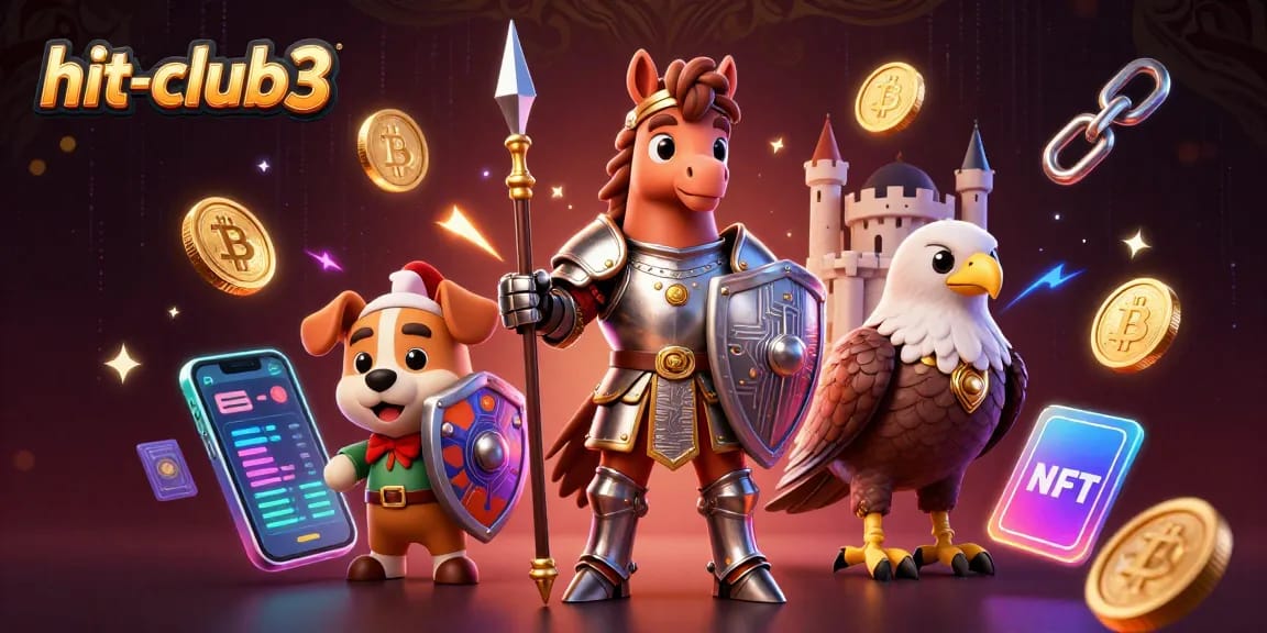 Engage with hit-club3 featuring a knight, cute puppy, and falcon in an electrifying crypto casino illustration.