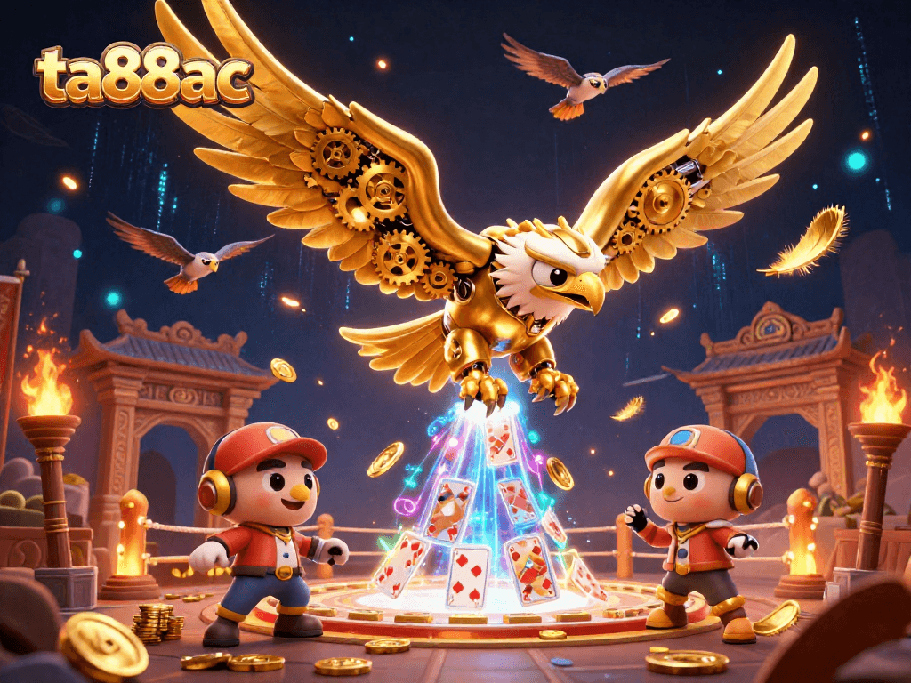 Experience thrilling casino excitement with ta88ac in this 3D illustration of a golden eagle and playing cards.