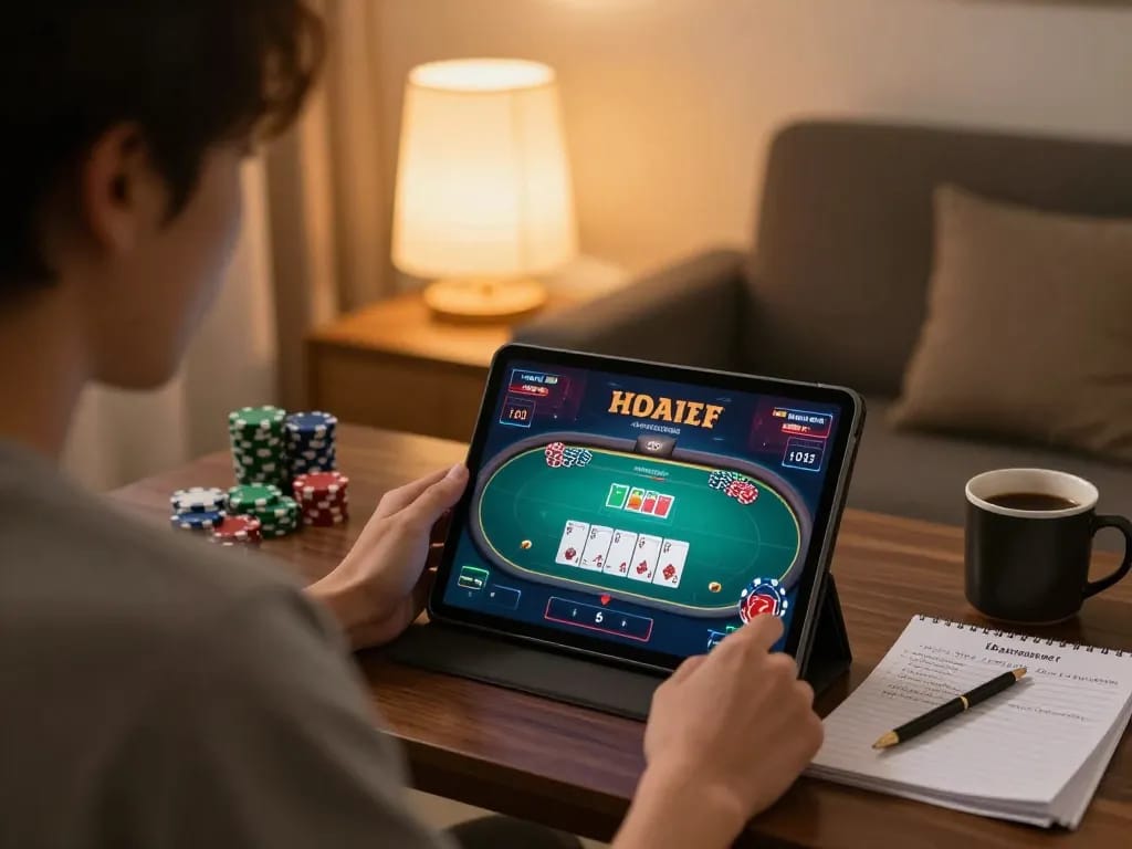 Engaging in online gaming on ku88q platform from a cozy home environment, showcasing poker strategy.