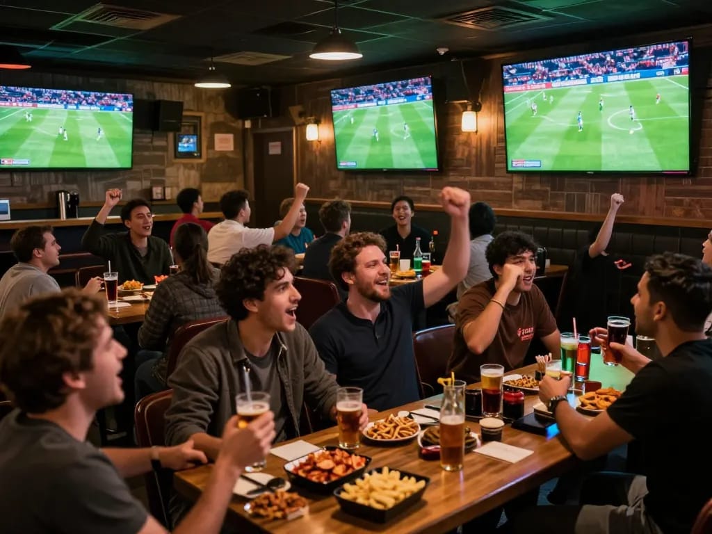 Fans enjoying truc tiep bong da in a lively sports bar, cheering for their teams with drinks and snacks around.