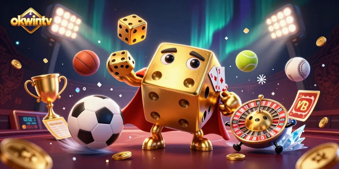 Engage with okwintv's vibrant sports betting scene, showcasing golden dice and dynamic sports elements.