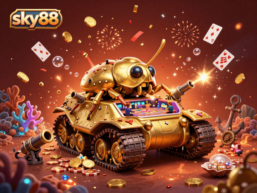 Experience the vibrant atmosphere of sky88 with a golden beetle tank casino set amidst treasure and fun.