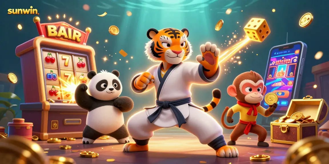 Experience the adrenaline of sunwin gaming with 3D characters amidst vibrant casino elements.