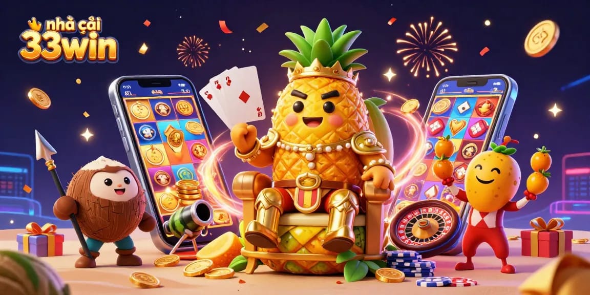 Experience the excitement of nhà cái 33win with our vibrant 3D illustration showcasing a beach casino frenzy.