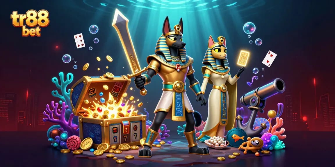 Experience the thrill of tr88 bet with a vibrant 3D casino scene featuring Anubis and Bastet surrounded by slots and treasures.