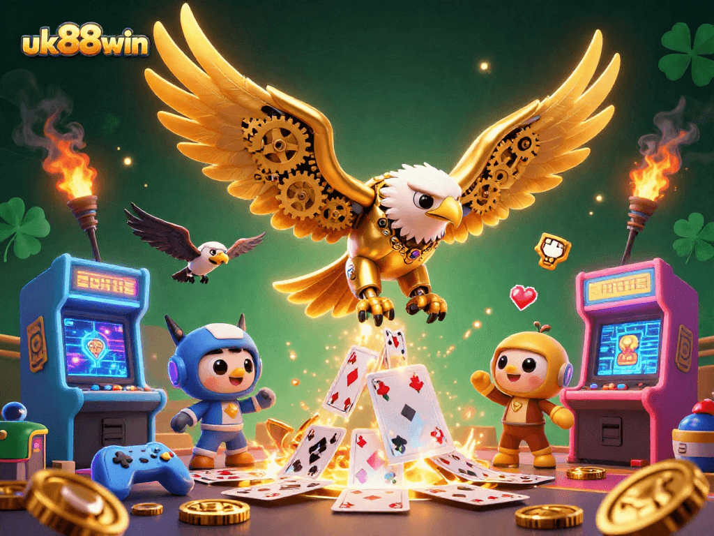 Join the excitement at uk88win with a dynamic 3D casino scene featuring vibrant gaming elements.