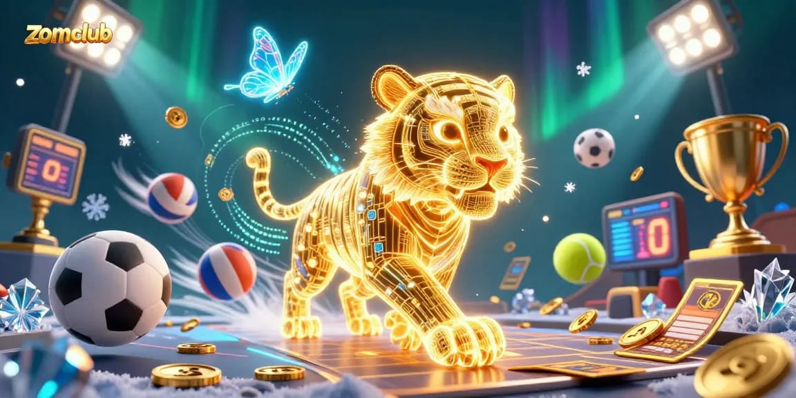Join the excitement at zomclub, exploring the dynamic digital casino filled with flying sports balls and dazzling game elements.