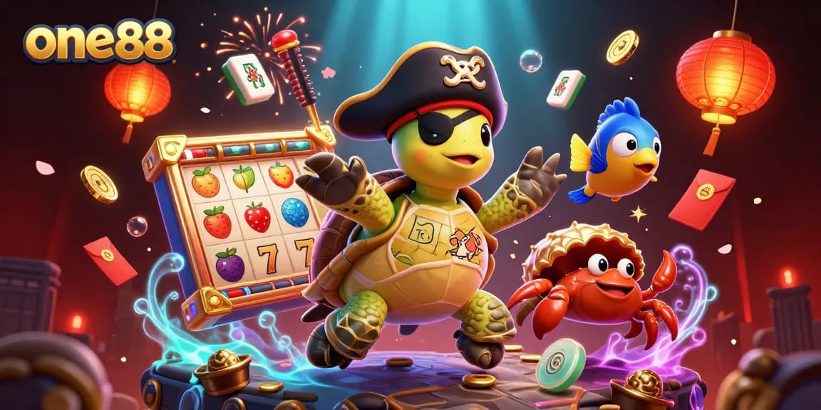 Engage with one88's vibrant slots experience as characters celebrate jackpots above a treasure trove.