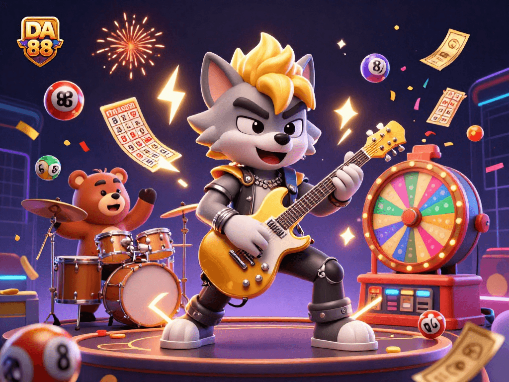 Experience the excitement at DA 88 with vibrant cartoon characters and dynamic lottery elements raining down.