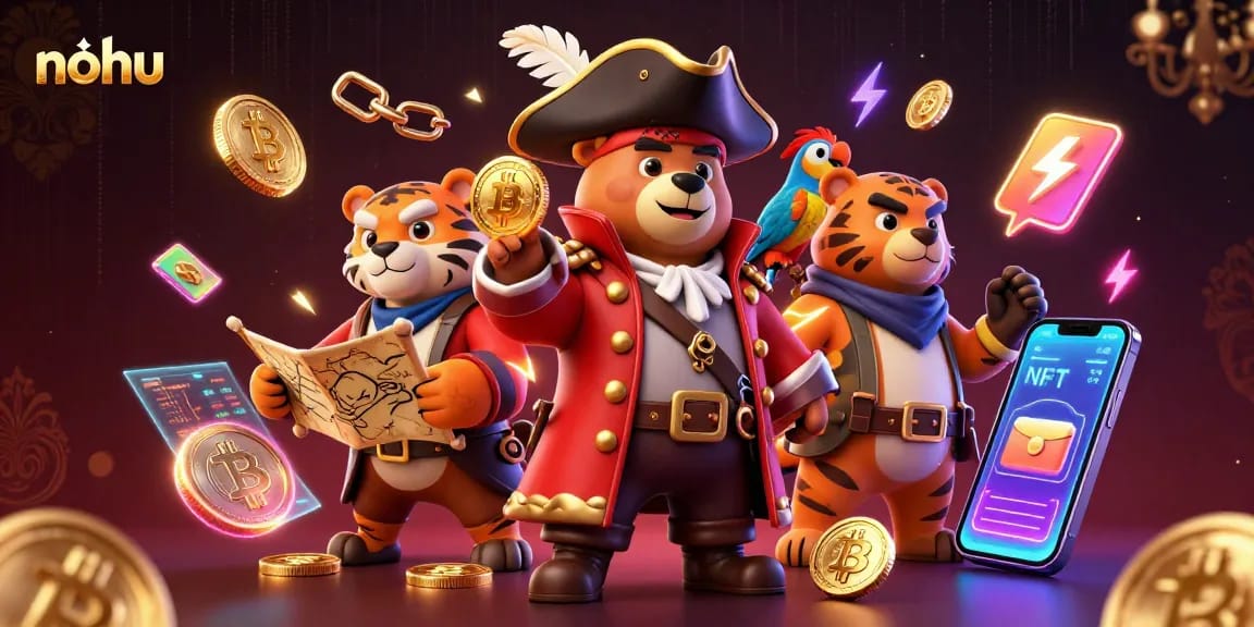 Engage with nohu through a thrilling 3D scene featuring a pirate bear and crypto elements.