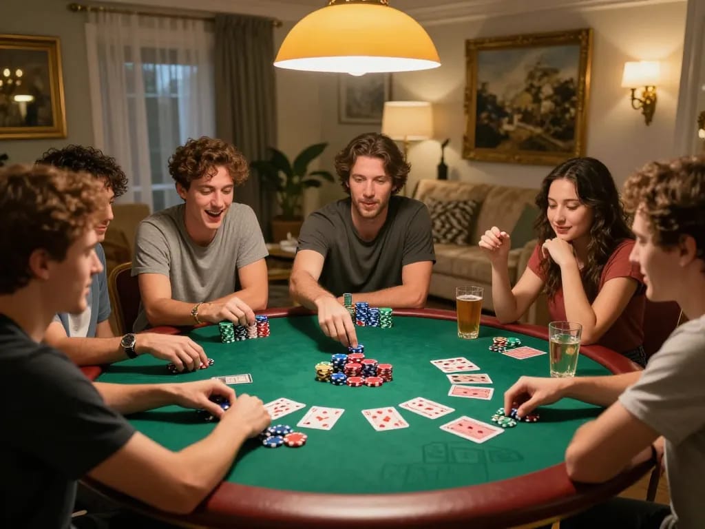 Engaged players in a lively poker night at home while using Fun88 com for strategic gaming