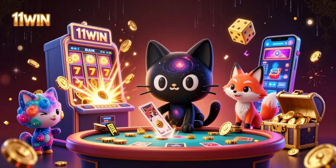 Engage in thrilling games at 11WIN's vibrant cosmic casino filled with golden chips, jackpots, and bright visual effects.