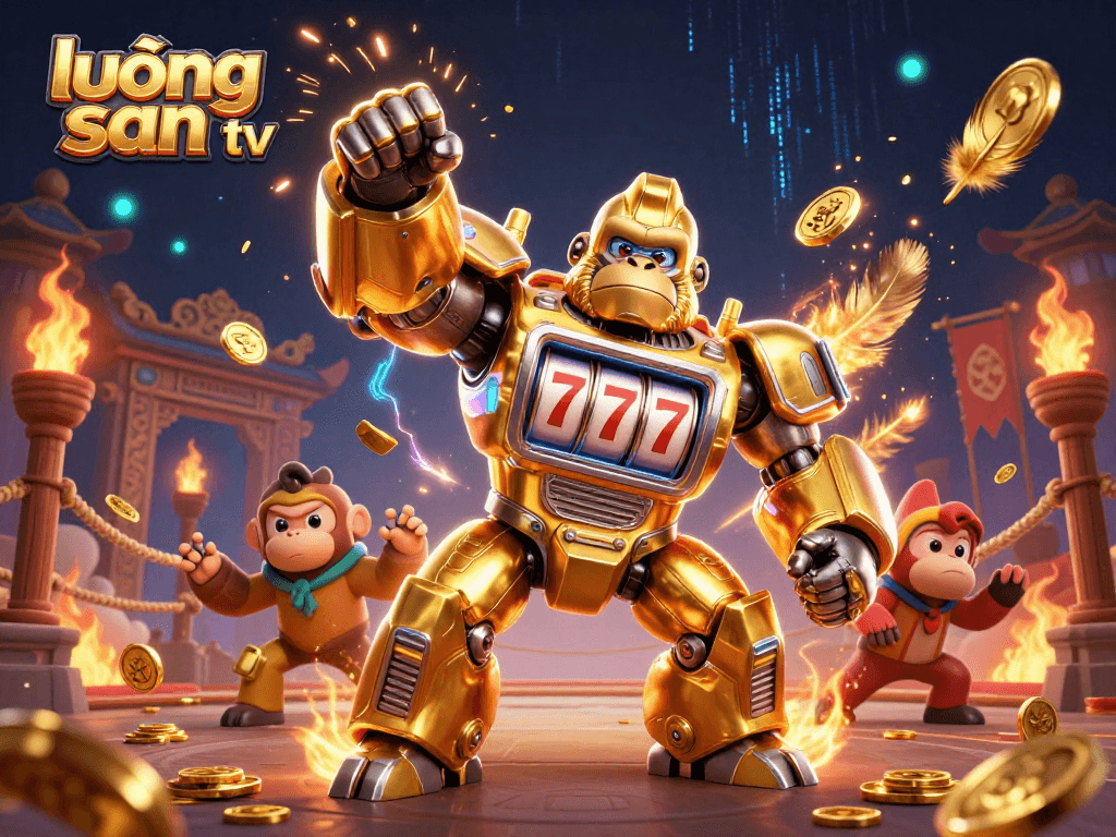 Engage with lương sơn tv's thrilling games featuring a golden gorilla mech amidst vibrant casino elements.