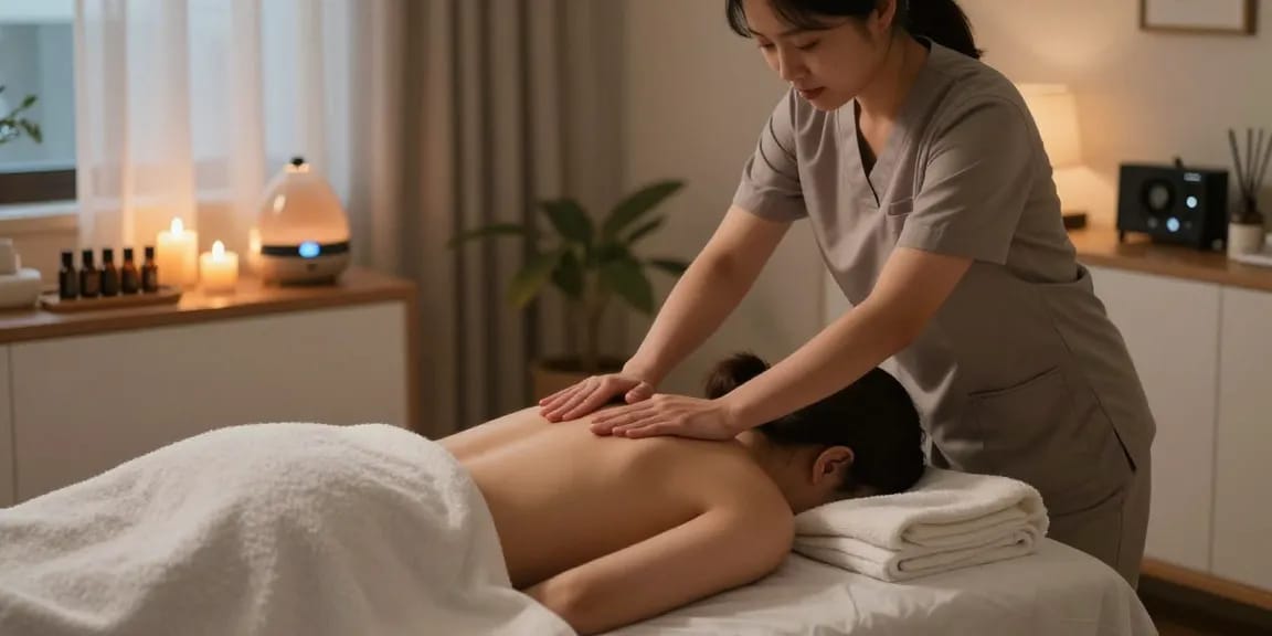 노원출장마사지 service in calming home atmosphere with professional therapist providing care.