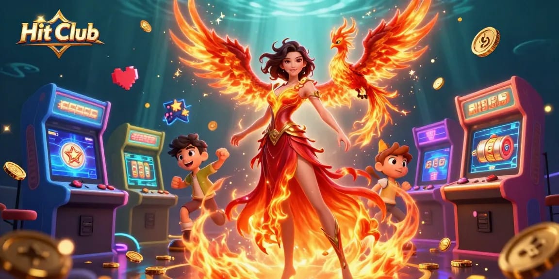 Hit Club showcases a stunning Asian woman amidst colorful gambling elements and a flying phoenix, encapsulating a dynamic gaming atmosphere.