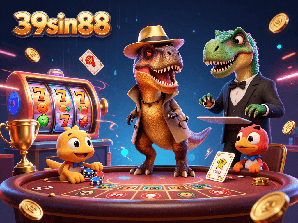 Experience the thrill of 39sin88 with a cartoon velociraptor and friends at a blackjack table.