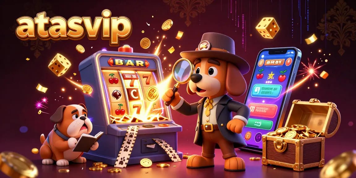 Spin and win big at atasvip Casino featuring vibrant 3D elements, including slots and a treasure chase.