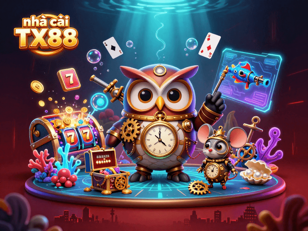Engage with nhà cái TX88 in an ultra-detailed 3D casino adventure featuring time-traveling owl and steampunk elements.