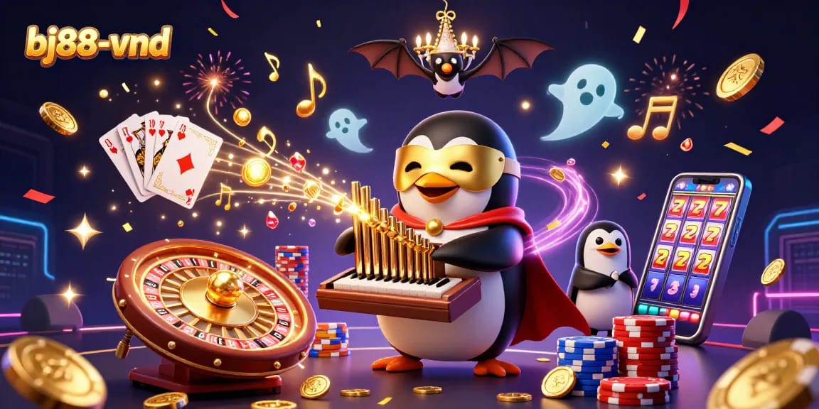 Experience casino excitement at bj88-vnd with vibrant 3D visuals of slot machines and festive elements.