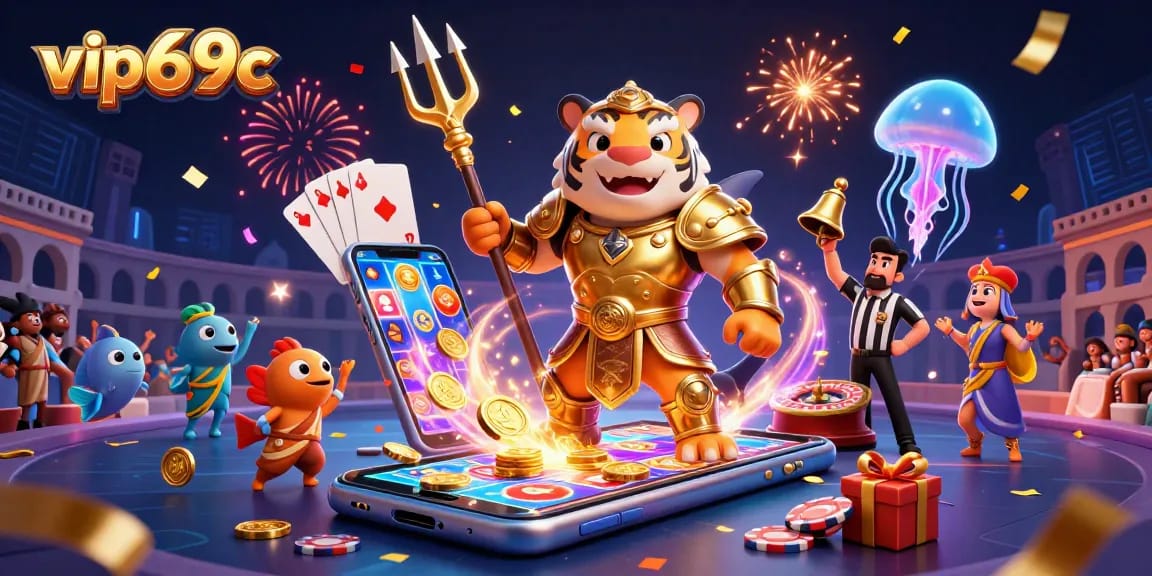Experience thrilling gameplay with vip69c, featuring a shark in gladiator armor in vibrant underwater casino.