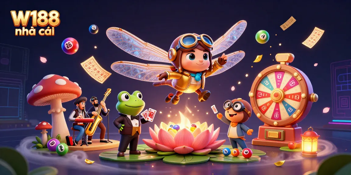 Experience thrilling gameplay with W188 nhà cái in this dynamic casino scene featuring a dragonfly pilot and frog dealer.