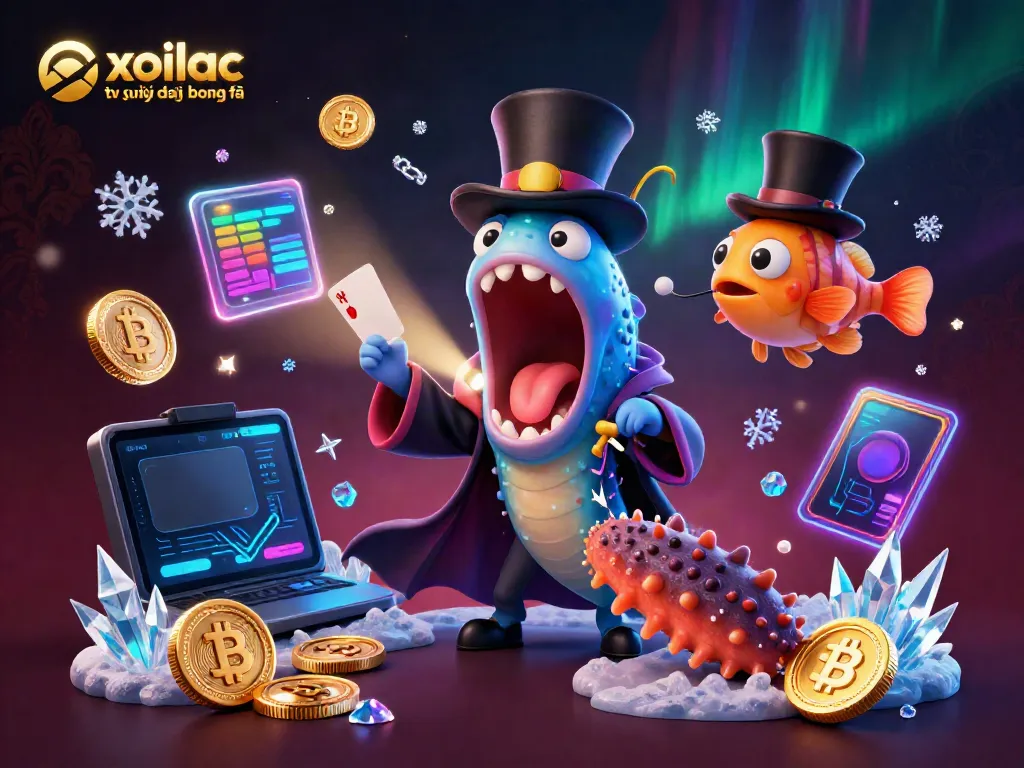 Engage with xoilac tv trực tiếp bóng đá featuring a radiant eel performing magic amidst vibrant crypto elements.