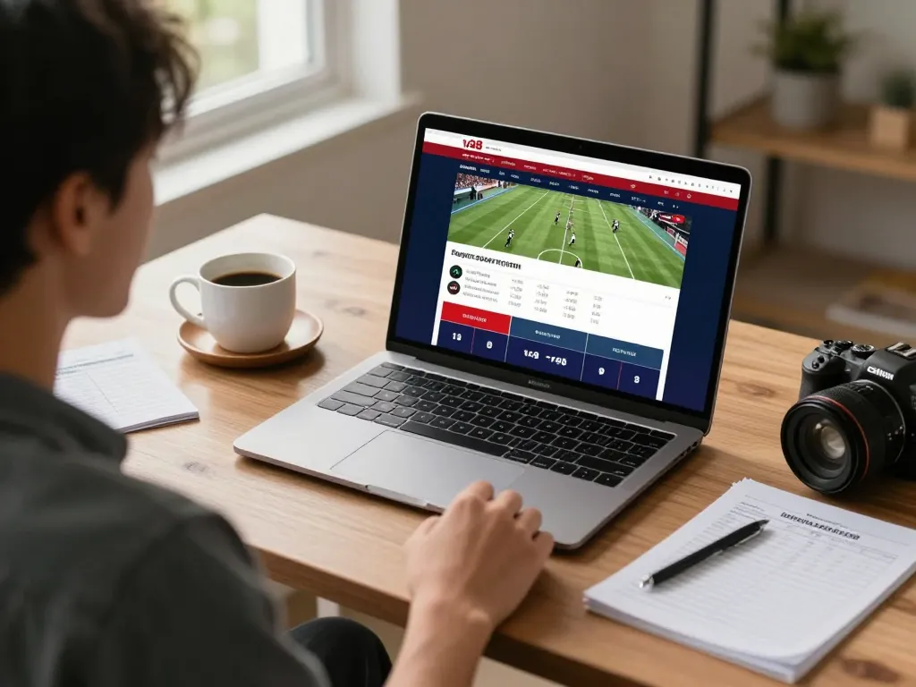 Betting on vb88 sports odds at a modern home desk, laptop showing live game interface with strategic insights.