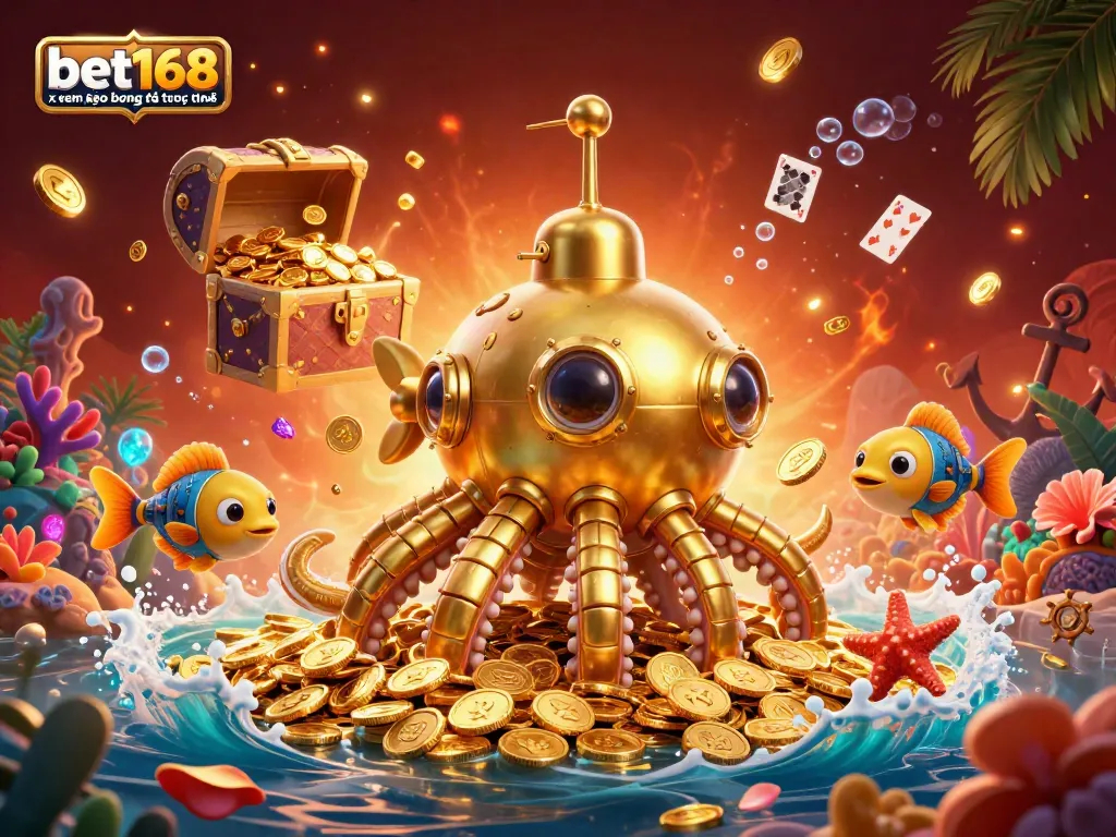 Bet168 xem kèo bóng đá trực tuyến showcases a captivating underwater scene filled with gold coins, kraken and fish elements.