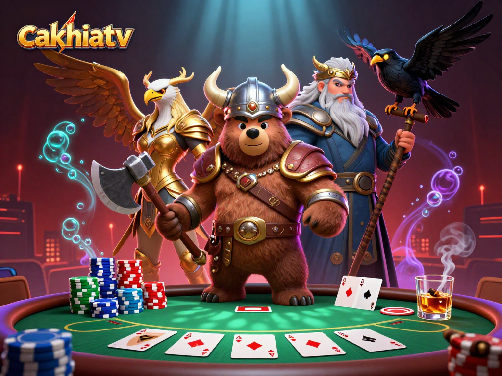 Join the action at cakhiatv with a Viking bear and Valkyrie eagle amidst vibrant poker chaos.