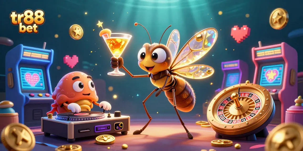 Engage with the excitement of tr88 bet in this vibrant 3D casino scene featuring unique characters and gaming elements.