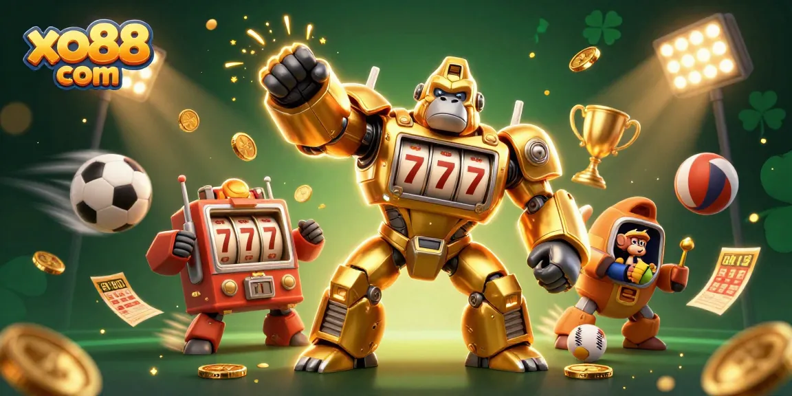 Experience thrilling gameplay at xo88 com with a dynamic golden gorilla mech and vibrant sports elements.