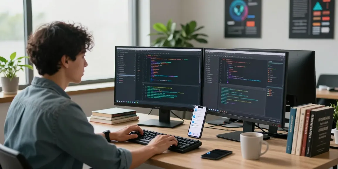 Download Telegram on a developer's screen in a modern workspace featuring coding interfaces and tech accessories.
